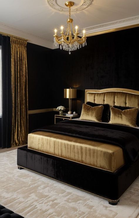 Create a luxurious black bedroom aesthetic by incorporating a velvet upholstered bed, a shimmering chandelier, and sleek black furniture pieces. Finish off the look with gold accents and plush faux fur throws for an opulent touch. Gold Bedroom Accessories, Black And Gold Bedroom, Black And Gold Accessories, Black Gold Bedroom, Luxury Bedrooms, Black Bedroom Decor, Gold Rooms, Velvet Upholstered Bed, Modern Luxury Bedroom