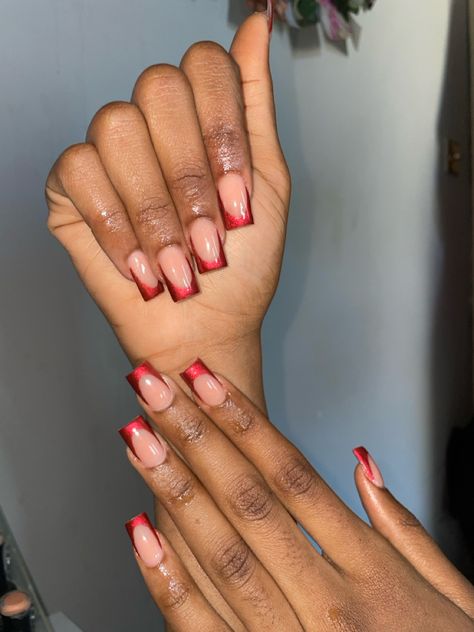 Short Red Nail Inspiration, Red Chrome French Tip Nails Square Short, Red Chrome French Tip Nails Square, Red Chrome French Nails, Red Chrome Nails French Tip, Chrome Red French Tip Nails, Red Chrome French Tip Nails, Red French Tip Nails Short, Short Red French Tip Nails