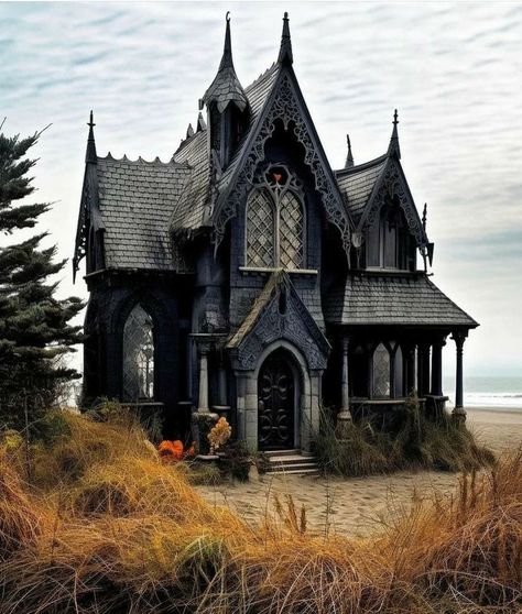 Gothic Farmhouse Exterior, Mini Castle House, Black House In The Woods, Gothic Mansion Exterior, Small Gothic House, Gothic Victorian House Plans, Gothic Architecture House, Small Victorian Homes, Gothic Tiny House