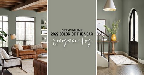 Evergreen Fog: 2022’s Color of the Year Will Leave You Feeling Grounded and Serene - TalkToTucker.com Sw Evergreen Fog, Evergreen Fog, Feeling Grounded, Green House Exterior, Color Of The Year 2022, Old Bookcase, Natural Wood Flooring, Sherwin Williams Colors, Ski House