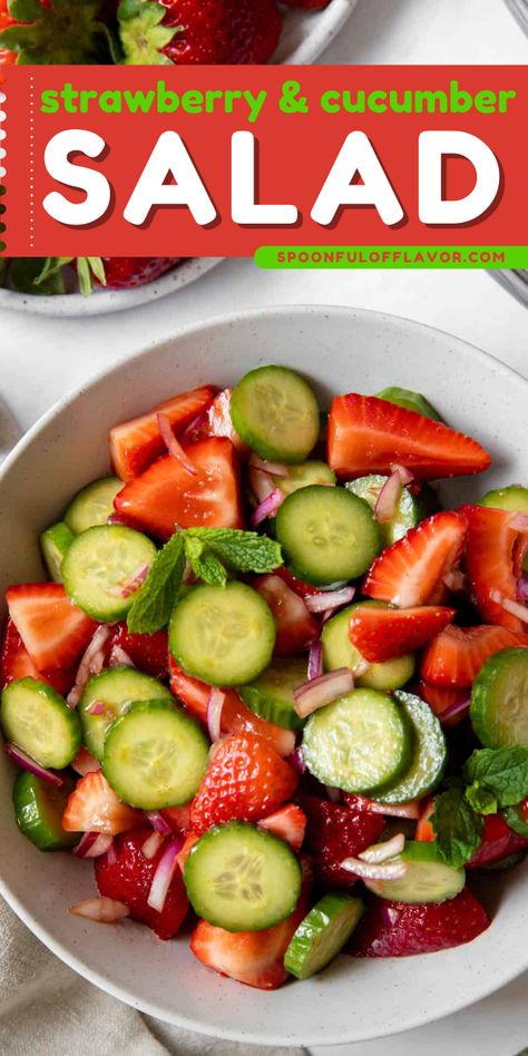 Strawberry and cucumber salad is a simple homemade salad everyone will love! Strawberry cucumber salad recipe will only take 15 minutes to prepare. The combination of cucumber and strawberry creates a perfect taste. Pin this summer salad idea now! Cucumber And Strawberry Salad, Basil Cucumber Salad, Summer Strawberry Salad, Strawberry Appetizers, Strawberry Cucumber Salad, Strawberry Cucumber, Salad With Strawberries, Strawberry Salad Recipe, Easy Summer Salad