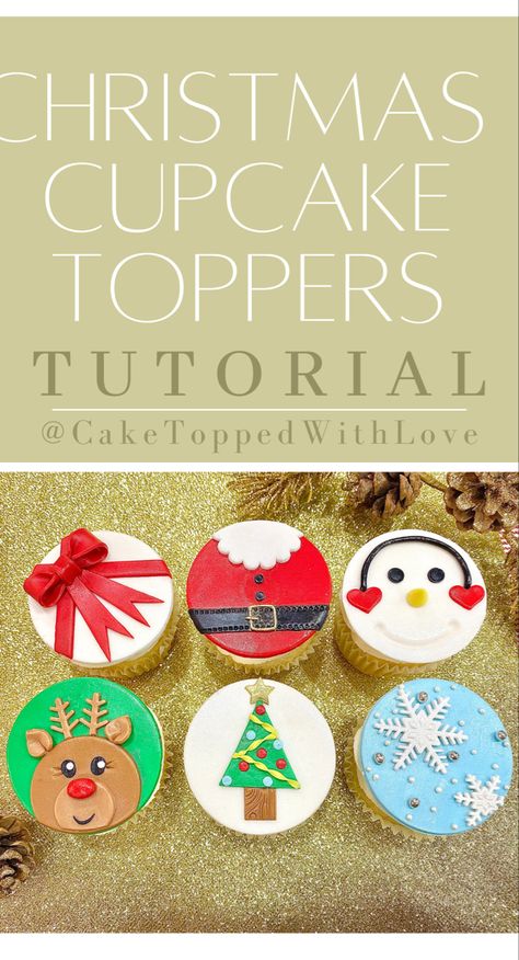 How to make fondant cupcake toppers. See the link below to watch the FULL tutorial Fondant Christmas Cake, Christmas Toppers, Santa Cupcakes, Christmas Tree Cupcakes, Christmas Cupcake Toppers, Snowman Cupcakes, Snowman Cake, Cupcake Tutorial, Santa Christmas Tree