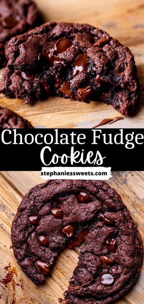 These fudgy chocolate cookies are made with cocoa powder, melted chocolate, chocolate chips stuffed with chocolate ganache for a rich chocolate flavor. They have crunchy edges and a gooey center. Chocolate Fudge Cookies, Cookies Stuffed, Fudge Cookies, Easy Taco, Treats Recipes, Easy Baking Recipes Desserts, Chocolate Dessert Recipes, Melted Chocolate, Chocolate Chocolate