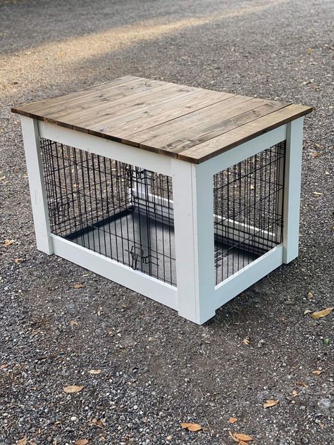 Dog Crate Furniture Small, Wood Dog Kennels, Diy Puppy Crate, Wire Dog Crate Makeover, Dog Crates In Living Room, Crate Table Diy, Dog Crate Topper Diy, Inside Dog Kennel Ideas, Diy Dog Crate Table