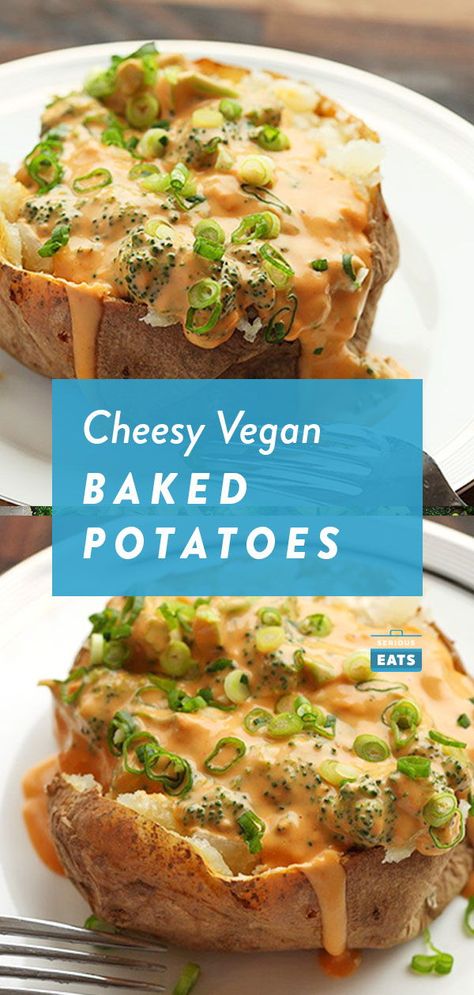 Cheesy Baked Potatoes, Vegan Potatoes, Vegan Baked Potato, Nacho Sauce, Vegan Potato Recipes, Broccoli Bake, Vegan Nachos, Vegan Baked, Potato Toppings