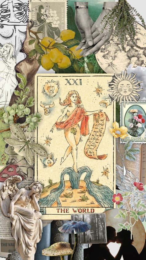 #tarot #tarotcards #moodboard #aesthetic #cottagecore #floral #beige #spiritual The World Tarot, Aesthetic Cottagecore, World Wallpaper, Tarot Astrology, Moodboard Aesthetic, Cottagecore Fairy, Witchy Woman, Scrapbooking Ideas, Create Collage