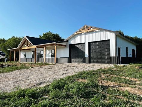 Shop House Ideas Exterior, Barndominum Homes With Shop, Shop House Porch, Black And White Shop House, White And Black Shop House, Simple Barndominium Ideas With Shop, Barnomium House, Big Garage House, Tan Barndominium Exterior