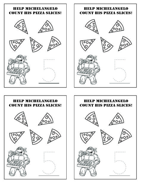 Teenage Mutant Ninja Turtles (TMNT) counting activity sheet - small size for goodie bag. Easy activity for pre-k and kindergarten. Particularly for 5 yr old's birthday Ninja Turtle Activities Free Printable, Ninja Turtle Birthday Activities, Tmnt Party Ideas, Tmnt Free Printables, Cricut Ninja Turtle Birthday, Ninja Turtles Pizza Box Printable, Ninja Turtle Crafts, Ninja Turtle Pizza, Ninja Turtle Coloring Pages