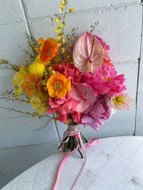 Bright Floral Bouquets, Ombre Bouquet, Long Bouquet Wedding, Funky Bridal Bouquet, Wedding Bouquet Colorful, Bright Color Floral Wedding, Colourful Bouquet, Bright Bouquet, Neon Flower Bouquet