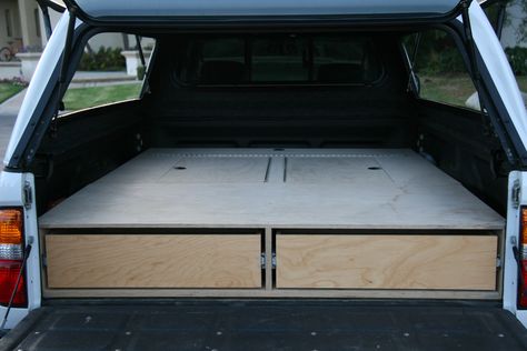 A.R.E Shell w/ windoors and custom sleeping platform - Expedition Portal Truck Topper Camping, Truck Bed Drawers, Pickup Camping, Tent Camping Beds, Truck Camper Shells, Truck Organization, Truck Bed Storage, Camper Awnings, Truck Bed Camping