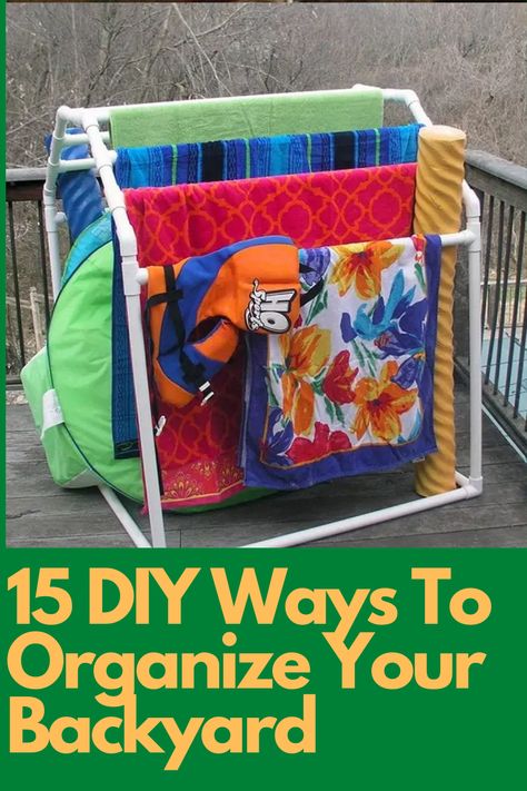 #Use #a #pallet #to #create #a #storage #station.  15 DIY Ways To Organize Your Backyard Pvc Pool Towel Rack, Pvc Towel Rack, Pool Towel Storage, Beach Towel Storage, Beach Towel Holder, Pool Towel Holders, Patio Plan, Drink Shelf, Towel Rack Pool