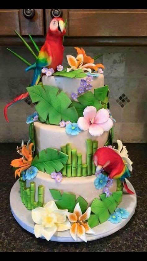 Parrot Cake Parrot Cake, Parrothead Party, Tropical Birthday Cake, Hawaiian Cake, Flamingo Cake, Jungle Cake, Beach Cakes, Fiesta Tropical, Bird Cakes