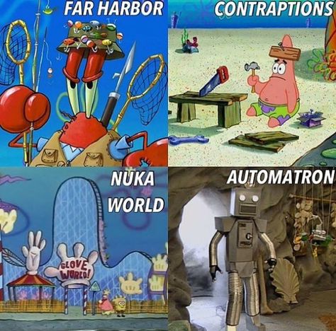 Fallout 4 DLCs in spongebob screenshots Fallout Courser, Fallout New Vegas Funny, Fallout Lore, Fallout 2, Spongebob Screenshots, Fallout Funny, Fallout Meme, Fallout Memes Funny, Video Game Logic