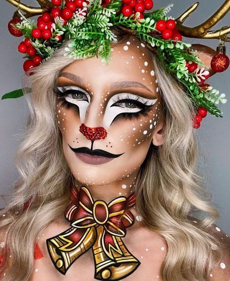 Christmas Character Makeup, Christmas Creative Makeup, Christmas Elf Makeup Looks, Christmas Sfx Makeup, Creative Christmas Makeup Ideas, Christmas Makeup Art, Creative Christmas Makeup Looks, Rudolph Makeup, Christmas Character Costumes