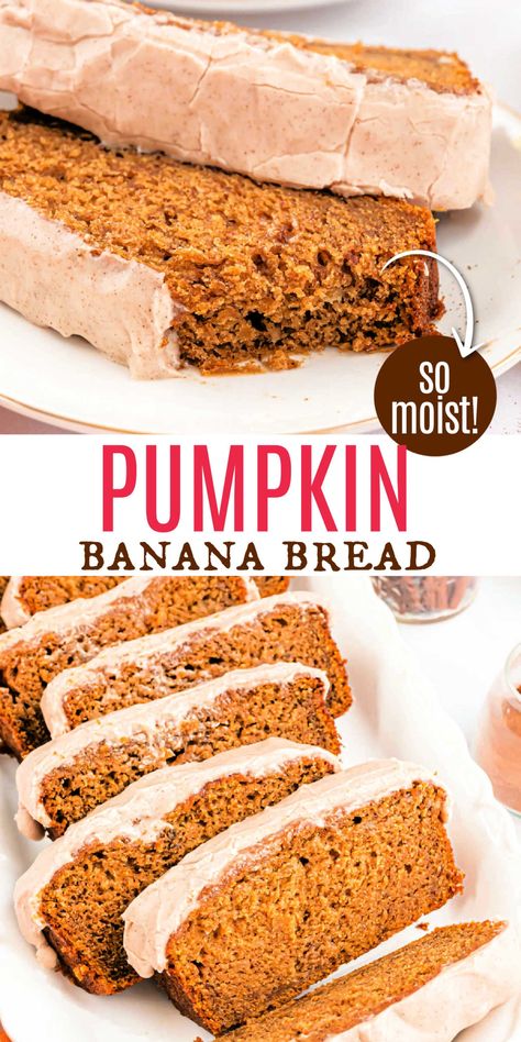 Pumpkin Banana Bread is the answer when you just can’t decide between these two classic quick bread recipes. Super moist, full of cozy spices, and slathered with cinnamon cream cheese frosting, this loaf gives you the best of both worlds! Banana Bread Easy Moist, Pumpkin Banana Bread Recipe, Nutella Banana Bread, Best Pumpkin Pie Recipe, Sour Cream Banana Bread, Pumpkin Banana Bread, Cinnamon Cream Cheese, Strawberry Bread, Best Pumpkin Pie