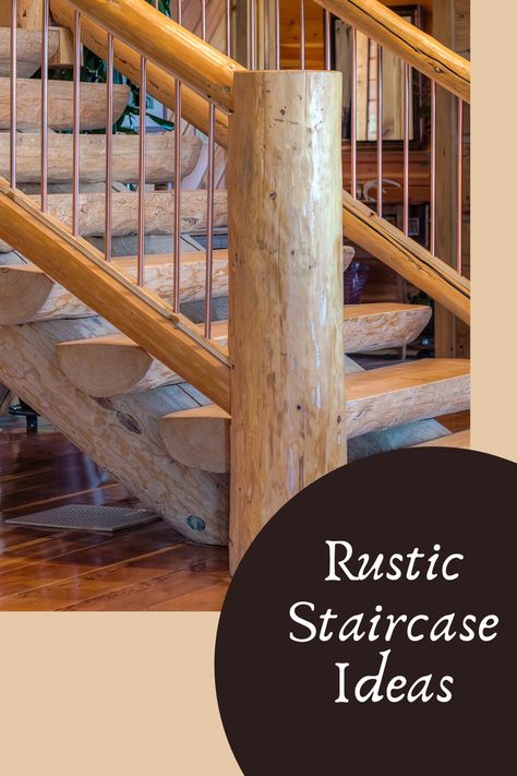 Looking for log staircase ideas? Caribou Creek Log Homes has been handcrafting wooden staircases for over 30 years. We not only have many design ideas for your consideration, but we also can craft a staircase for you no matter where you live. #Handcraftedstaircase #rusticstaircase #CaribouCreekLogHomes Log Cabin Homes Interior Stairs, Rustic Farmhouse Staircase, Log Cabin Staircase, Stairs In Living Room Ideas, Cabin Staircase, Log Staircase, Log Stairs, Cabin Stairs, Log Cabin Interior Design