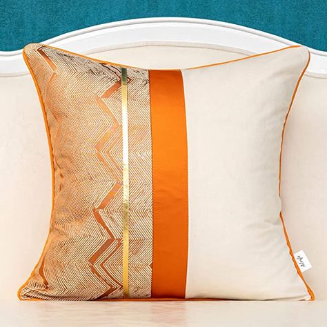 Cream And Gold Bedroom, Orange Sofa, Pillow For Couch, Gold Bedroom, Decorative Pillows Couch, Garden Pillows, Leather Pillow, Leather Patchwork, Sofa Living Room