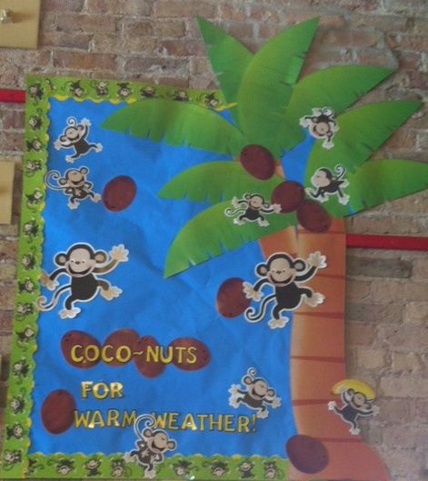 Coco-nuts for Warm Weather** Palm Tree Bulletin Board Set * Large Monkey Cut Outs * Small Monkey Cut outs * Yellow Playful 2" Letters * Monkey Business Border * Monkey Bulletin Boards, Tree Bulletin Board, Bulletin Board Tree, Kindergarten Bulletin Boards, Small Monkey, Church Bulletin Boards, Teachers Corner, Friend Crafts, Church Bulletin