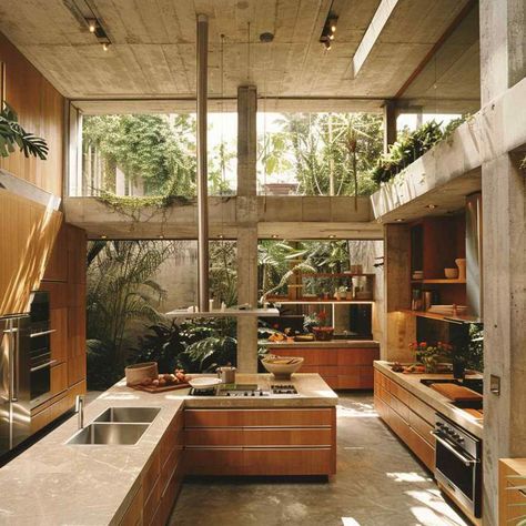 Modern Brutalist Architecture, Brutalist Kitchen, High Design Interiors, Brutalist Interior Design, Brutalist Home, Tropical Brutalism, Tropical Kitchen Design, Brutalist Interior, Tropical Modernism