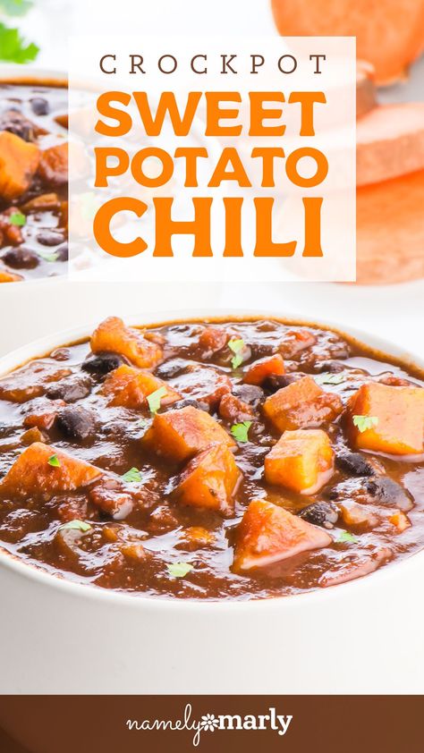 You'll drool over this Slow Cooker Sweet Potato Chili. The cooked sweet potatoes adds a touch of sweetness and tastes great with the fresh chili flavors. This slow cooker chili is vegetarian, vegan, and gluten-free. You'll love the extra nutrition provided from this sweet potatoes black bean chili recipe. #vegan #namelymarly #chili Sweet Potato Chili Crockpot, Chili Recipe Vegan, Chili Sweet Potato, Cooked Sweet Potatoes, Slow Cooker Vegan Chili, Black Bean Chili Recipe, Sweet Potato Chilli, Chili Sweet, Sweet Potato Black Bean Chili