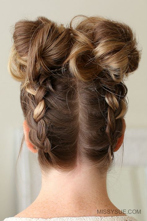 Double Dutch Braid High Buns | MISSY SUE High Buns, Messy Bun With Braid, French Braid Ponytail, High Bun Hairstyles, Double Dutch Braid, Gymnastics Hair, Double Dutch, Braided Bun Hairstyles, Hair Things