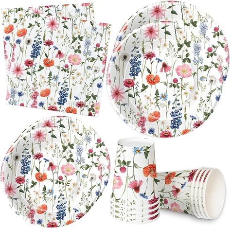 Amazon.com: HIPVVILD Wildflower Plates And Napkins Party Supplies, Floral Party Decorations Tableware, Plate, Cup, Napkin, Spring Summer Flower Party Decorations For Birthday Baby Shower Tea Party | Serve 24 : Home & Kitchen Wildflower Birthday Party, Floral Baby Shower Decorations, Wildflower Party, Baby Shower Tea Party, Flower Party Decorations, Floral Paper Plates, Spring Birthday Party, Floral Party Decorations, Baby Shower Theme Decorations