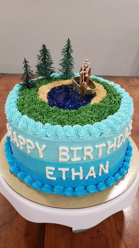 Diy Fishing Cakes For Men, Fish Bday Cake, Lake Themed Birthday Cake, Fishing Themed Cakes, Simple Fishing Cake, Fishing Themed Birthday Cake, Fishing Cakes For Men Birthdays, Fishing Cakes For Kids, Lake Birthday Cake