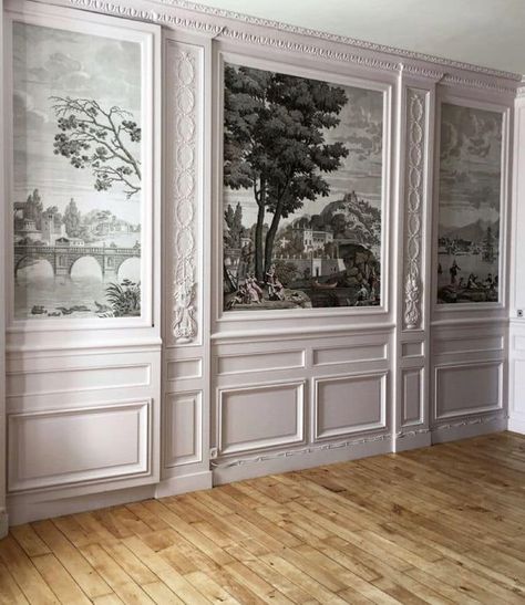 Just Decorate! | Ok, friends, here are some beautiful murals and all you need to do is put a frame around ￼the wallpaper ￼ Wall Mouldings With Wallpaper, Moulding On Walls With Wallpaper, Vintage Mural Wallpaper, Wallpaper In Moulding, Moulding With Wallpaper, Kitchen Ideas Halloween, Unique Wallpaper Ideas, Beautiful Murals, Coffee Table Modern