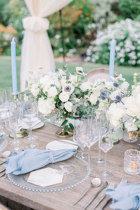 Dusty Blue Candles Wedding, French Blue Flowers, Light Blue Wedding Accents, French Country Blue Wedding, Dusty Blue Napkins Wedding, Blue Wedding Candles, Blue Napkins Table Setting, French Country Wedding Theme, French Blue Wedding Theme