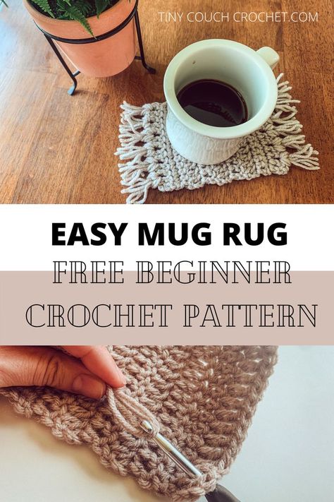 The top of the image shows a mug of coffee on a crochet mug rug and a potted plant on a wood table. The middle of the pin says "easy mug rug, free beginner crochet pattern" in black letters. The bottom of the pin is an image of the mug rug being made. Crochet Mug Rug, Easy Crochet Bookmarks, Marque-pages Au Crochet, Crochet Mug, Crochet Coasters Free Pattern, Crochet Bookmark Pattern, Crochet Unique, Mug Rug Patterns, Rug Patterns