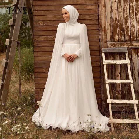 Elegant Chiffon Muslim Wedding Dress With Cape O Neckline Long Sleeves A Line Sweep Train Simple Bridal Gown TSWD340 - AliExpress 320 Simple Wedding Dress Hijab, Baby Blue Wedding Dresses, Islamic Wedding Dress, Wedding Dresses Hijab, Wedding Dress Hijab, Wedding Dresses Muslim, Dresses Hijab, Champagne Evening Dress, Hijab Wedding Dresses