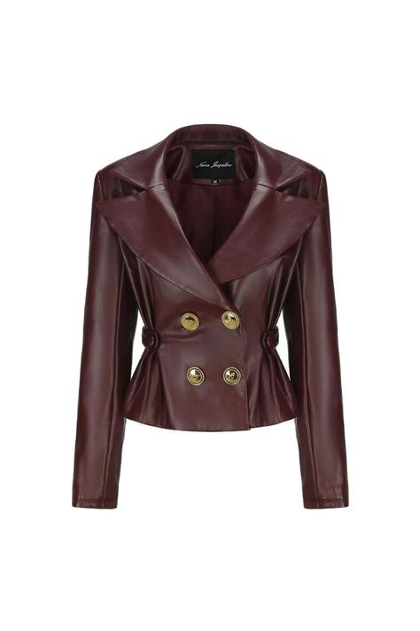 Wrap up in the Mirabel Faux Leather Jacket. Crafted from environmentally friendly leather material, its delicate and soft feel exudes luxury while prioritizing sustainability. With a chic shoulder-pad design that adds a touch of sophistication, and a uniquely breathable collar, this jacket seamlessly combines casual comfort with high-level fashion, making it the perfect embodiment of timeless style. - Faux leather - Custom NJ buckles - Dry clean only Composition: Fabric: Base fabric: 100% Polyes Short Leather Jacket, Brown Faux Leather Jacket, Leather Pleated Skirt, Suit Collar, Lapel Coat, Leisure Suit, Suit Style, Creative Packaging, Street Outfit