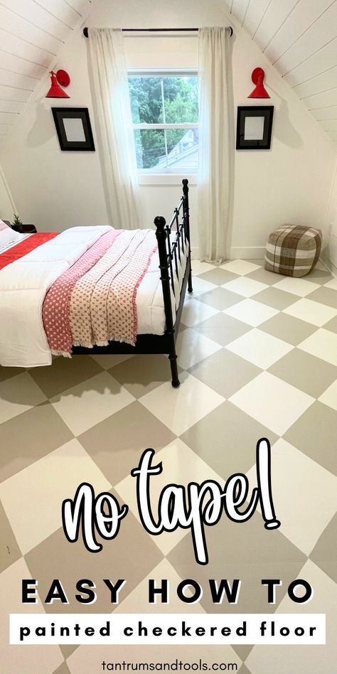 Learn this easy no tape painting checkered floor technique that is hands down the easiest painted bedroom floor makeover idea. One of my fav Refinish Wood Floors Home Renovation projects - this diamond pattern painted floor was easy and affordable! Here is everthing you need to know about painted hardwood floods. From prep, to painting wood floors, check out my checkered floors project guide for the best tips and tricks. SAVE this to re-create this beige and white checkerboard floor! Painted Floor Rug, How To Paint A Wood Floor, Painted Tiles Kitchen Floor, Diy Checkerboard Floor, How To Paint Hardwood Floors, Painting Wood Floors Diy, Painted Diamond Floor, Painted Chequerboard Floor, Diamond Painted Floors