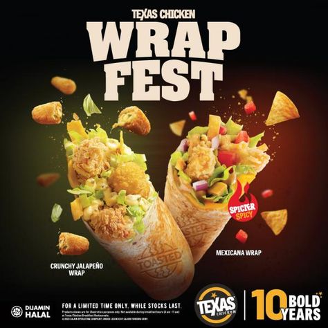 Texas Chicken Wrap Fest: Crunchy Jalapeno Wrap and Mexicana Wrap Mexican Wraps, Texas Chicken, Crispy Chicken Wraps, Chicken Store, Facebook Ideas, Pita Wrap, Fast Chicken Recipes, Beverage Poster, Chicken Breakfast