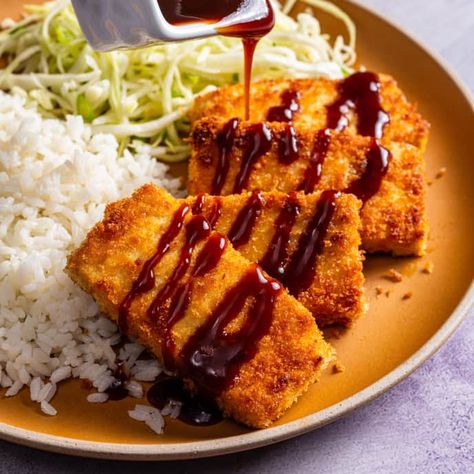 Tofu Katsu | America's Test Kitchen Recipe Tofu Katsu, Tonkatsu Sauce, Fried Pork Chops, Cooking App, America's Test Kitchen Recipes, Crispy Tofu, Kitchen Recipe, America's Test Kitchen, Fried Tofu