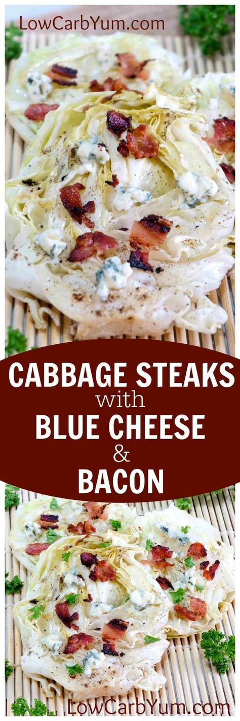 Yummy low carb grilled cabbage steaks with blue cheese and bacon. A simple recipe that cooks up in no time on the grill or in a pan on the stove. | http://LowCarbYum.com Cabbage Bake, Grilled Cabbage Steaks, Steak With Blue Cheese, Grilled Cabbage, Cabbage Steaks, Cooked Cabbage, Crock Pot Recipes, Low Carb Salad, Low Carb Sides