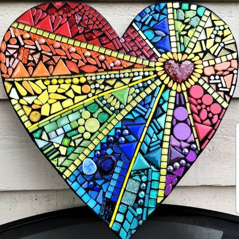 My favorite custom mosaic heart that I've created so far.  It measures 16"x16" and I call this my 'Rainbow Heart' style. Do u need one of these in ur life?? Available in my Etsy shop... #wisecrackinmosaics #wildandfunky #rainbowstyle #rainbowheart #rainbowmosaic #unique #mosaicsartist #ooak #orderfromme #etsy #etsyseller #etsyshopowner #etsybestsellers #etsyofinstagram #mosaicart #oneofakind #checkitout Mosaic Art Ideas, Glitter Tiles, Paper Mosaic, Mosaic Heart, Mosaic Art Projects, Mosaic Madness, Mosaic Stained, Mosaic Tile Art, Funky Style