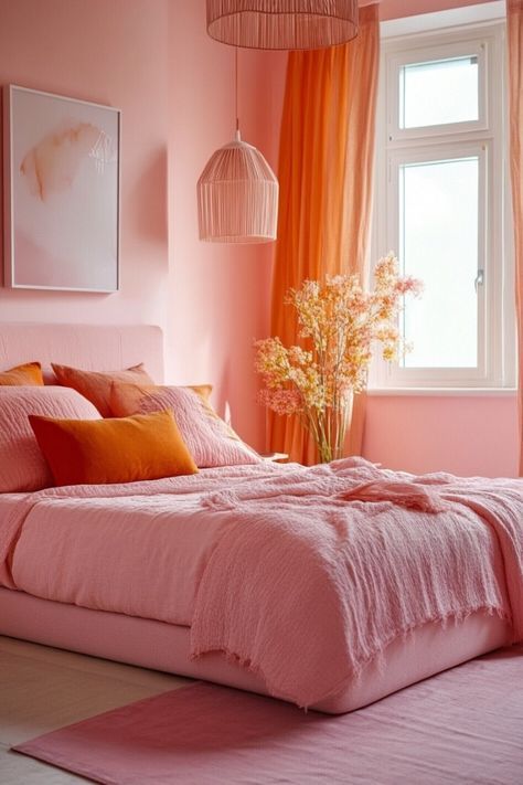 Pink And Orange Bedding, Pastel Minimalist Room, Pink And Orange Bedroom, Orange Bedroom Ideas, Bedroom Moody, Monochromatic Bedroom, Pink Bedroom Walls, Apartment Bedroom Ideas, Baddie Apartment