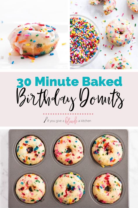 Donut Tin Recipes, Baked Donuts Without Donut Pan, Baked Donut Recipes With Donut Pan, Birthday Donuts Ideas, Baked Donuts With Donut Pan, Donut Recipe Baked, Healthy Donut Recipe, Birthday Muffins, Muffin Birthday