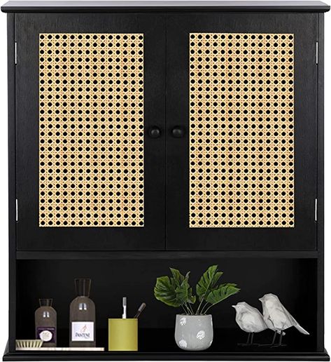 Black Medicine Cabinet, Rattan Storage Cabinet, Bamboo Cabinets, Medicine Cabinet Organization, Wall Mounted Bathroom Storage, Organizing Bathroom Cabinets, Floating Cabinets, Cabinet Wall, Over Toilet