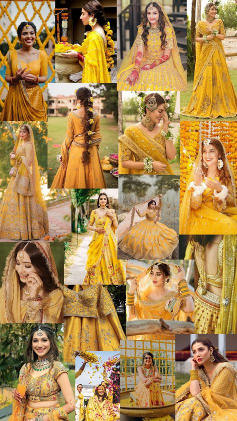 Yellow Aesthetic Dress Indian, Yellow Aesthetic Celebrity, Yellow Desi Aesthetic, Yellow Indian Wedding Dress, Bride Haldi Outfit, Yellow Room Aesthetic, Aesthetic Lehenga, Haldi Outfits For Bride, Haldi Look For Bride