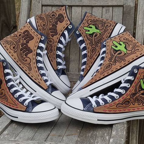 Converse hi tops that got a shot of buckshot cool. #buckshot #converse #cowgirl #shoes #cowgirlfashion Western Converse, Cowgirl Shoes, Converse Hi, Western Stuff, Casual Country Outfits, Leather Designs, Leather Converse, Vans High Top Sneaker, Hi Top