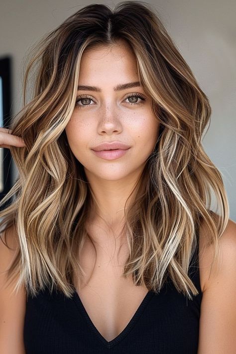 Blond Brown Balayage Hair, Hair Color Ideas For Brunettes To Blonde, Women’s Brunette Hair, Women’s Balayage, Partial Balayage Face Framing, Blonde Pieces In Brown Hair, Light Highlights Around Face, Balayage Hair For Blondes, Brunette With Front Highlights