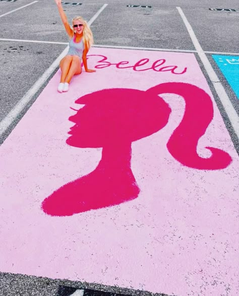 Legally Blonde Parking Spot, Girly Parking Spot Painting, Barbie Parking Spot Painting, Barbie Senior Parking Spot, Barbie Parking Spot, Pink Parking Spot, Pink Parking Spot Painting, Pink Senior Parking Spots, Senior Parking Spot Ideas Funny