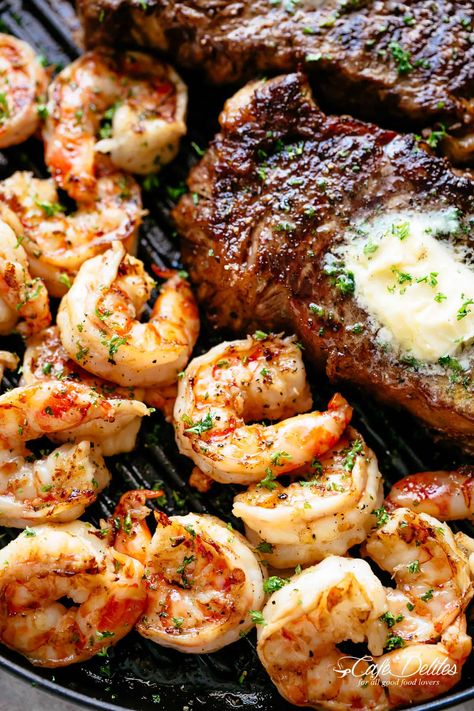 Shrimp and Steak Recipe | cafedelites.com Steak And Shrimp Dinner, Grilled Steak And Shrimp, Shrimp Dinner Recipes, Good Steak Recipes, Gourmet Steak, Steak Shrimp, Skirt Steak Recipes, Easy Steak Recipes, Steak And Shrimp