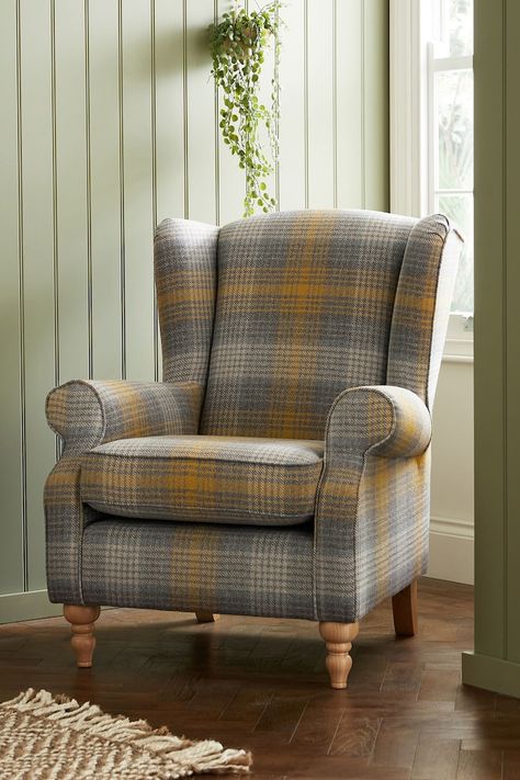 Armchairs Living Room, Country Cottage Living Room, Plaid Chair, Chair Making, Classic Armchair, Ochre Yellow, Cottage Living Rooms, Country Living Room, Arm Chairs Living Room