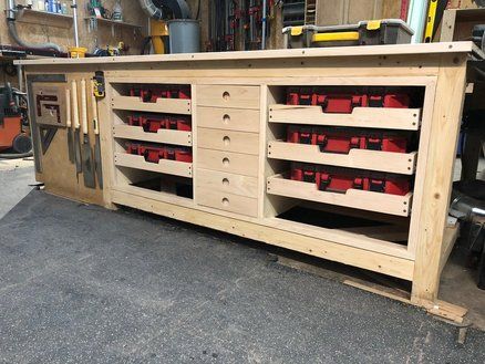 Outfeed Table/ Workbench Storage Upgrade Workbench With Storage, Outfeed Table, Workbench Storage, Building A Workbench, Woodworking Tutorials, Diy Workbench, Workbench Plans, Garage Work Bench, Bench Plans