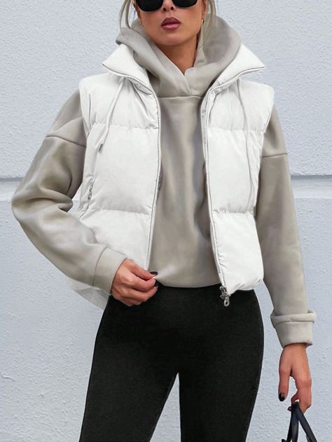 Blanc Casual Collar Sans manches Étoffe Unicolore Doudoune Embellished Pas de l'extensibilité Puffer Coat, Parka, Puffer, Zip Ups