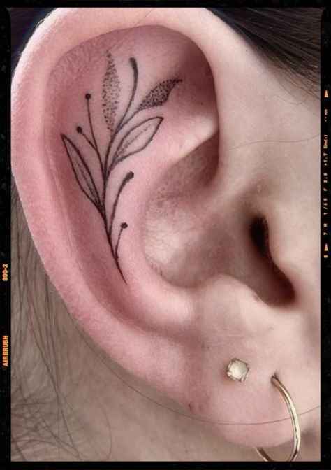 Upper Ear Tattoo, Inside Ear Tattoos Flower, Cartilage Tattoo Ear, Botanical Ear Tattoo, Ear Cartilage Tattoo, Leaf Ear Tattoo, Tattoo Oreille, Tattoo On Ear, Cartilage Tattoo