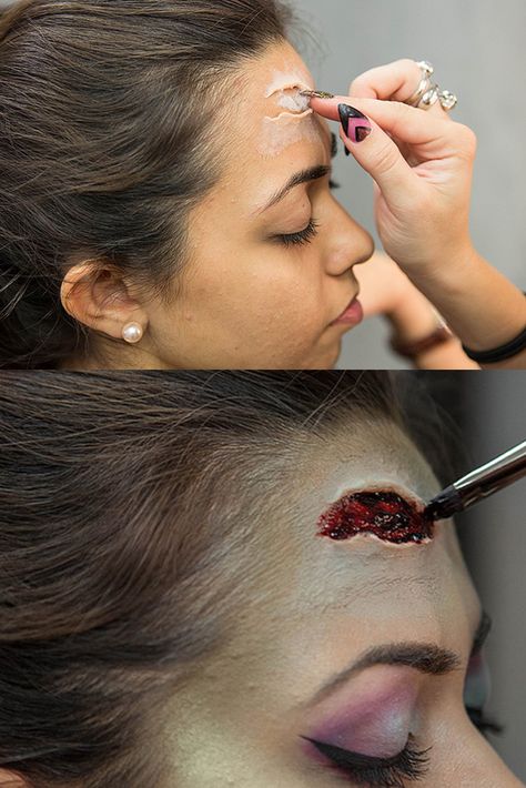 Wow this Halloween makeup is amazing! Halloween Zombie Makeup, Wound Makeup, Halloween Maquillaje, Strašidelný Halloween, Halloween Fx, Zombie Cheerleader, Holloween Costumes, Läskig Halloween, Zombie Halloween Makeup